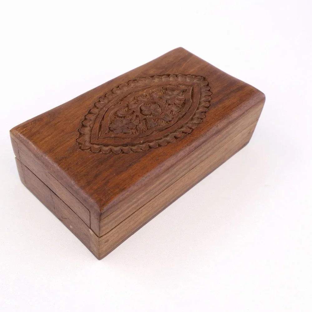 Vintage Hand Carved Wooden Trinket Box Floral Folk Art Jewelry Keepsake Box